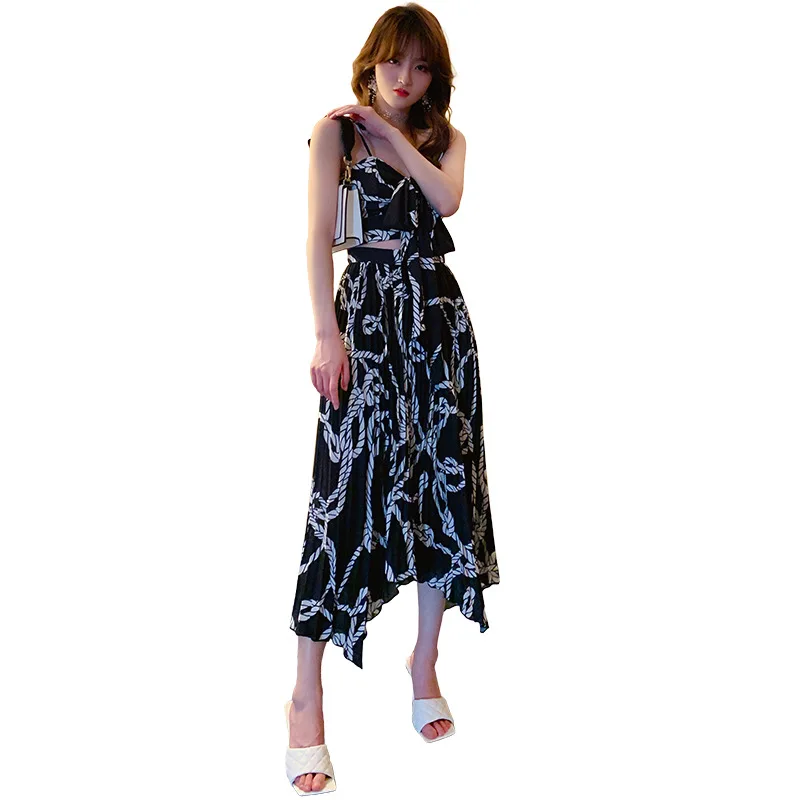 

2020 Summer Modis Casual Two Piece Set for Woman Spaghetti Strap Sexy Blouse and Midi Beach Skirt Ladies 2 Piece Set Plus Size