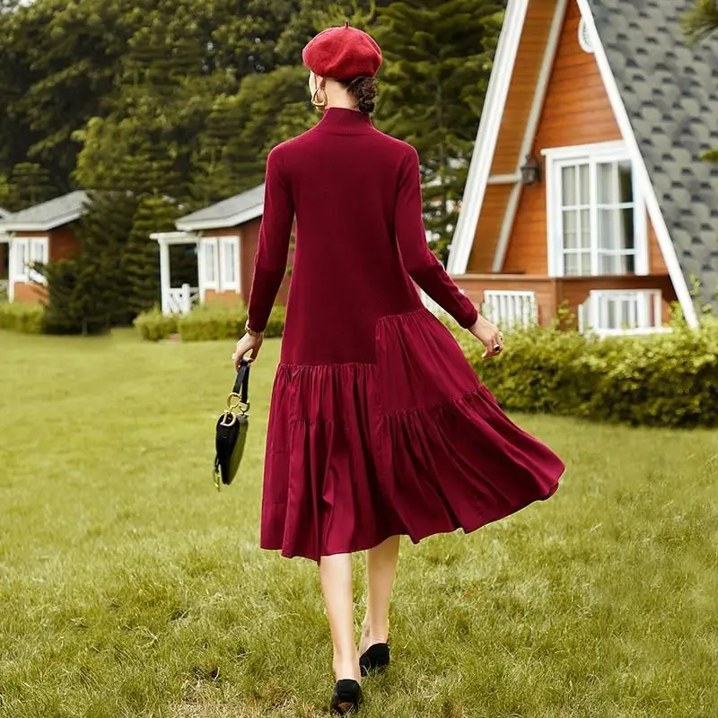 

Winter New Middle and Long Stitched Sweater Temperament Celebrity Bottom Skirt High Collar Knitting Slim Dress