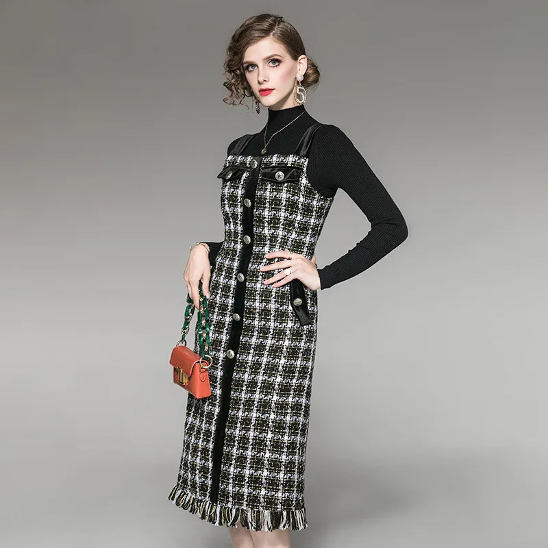 

Fashion Designer Long Sleeve Pullover Knit Top and Plaid Tweed Woolen Dress 2piece High Quality Women Autumn Winter Dresses