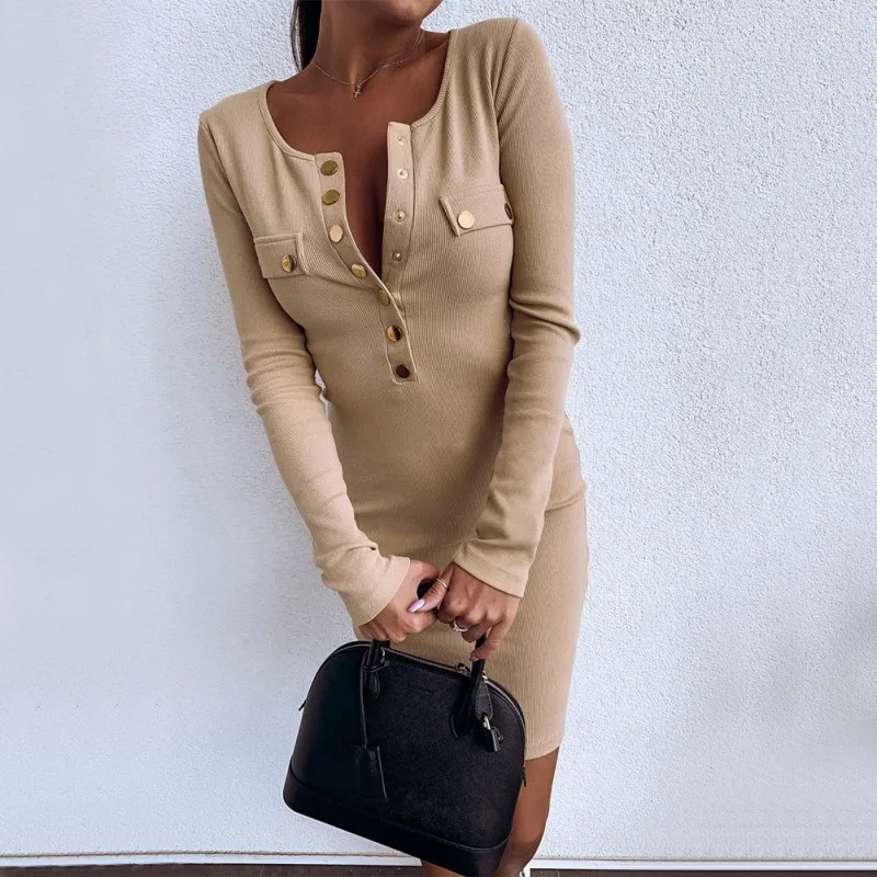 Женское платье с круглым вырезом длинным рукавом и пуговицами|Женские платья| |