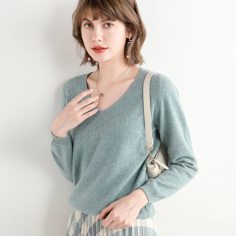 

Cashmere sweater 2021 spring and autumn new 100% pure wool women's V-neck pullover Slim warm knitted solid color tops Female