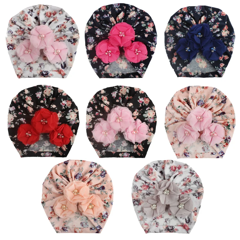 

Print Baby Cap Girl Flower With Peral Cotton Soft Baby Turban Headband Handmade Elastic Baby Head Wrap Newborn Hair Accessories