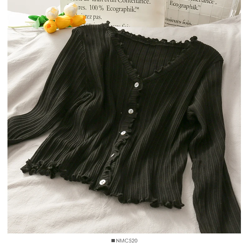 

Women Fashion Slim Bodycon V-neck Buttons Ruffles Knitted Blouse Lady Sweet Casual Outdoor Top Girls Elegant Daily Basic Shirt