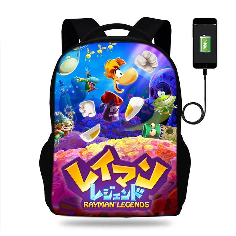 17 дюймовый рюкзак Rayman legends adventures мужской с usb портом для подростков мальчиков и