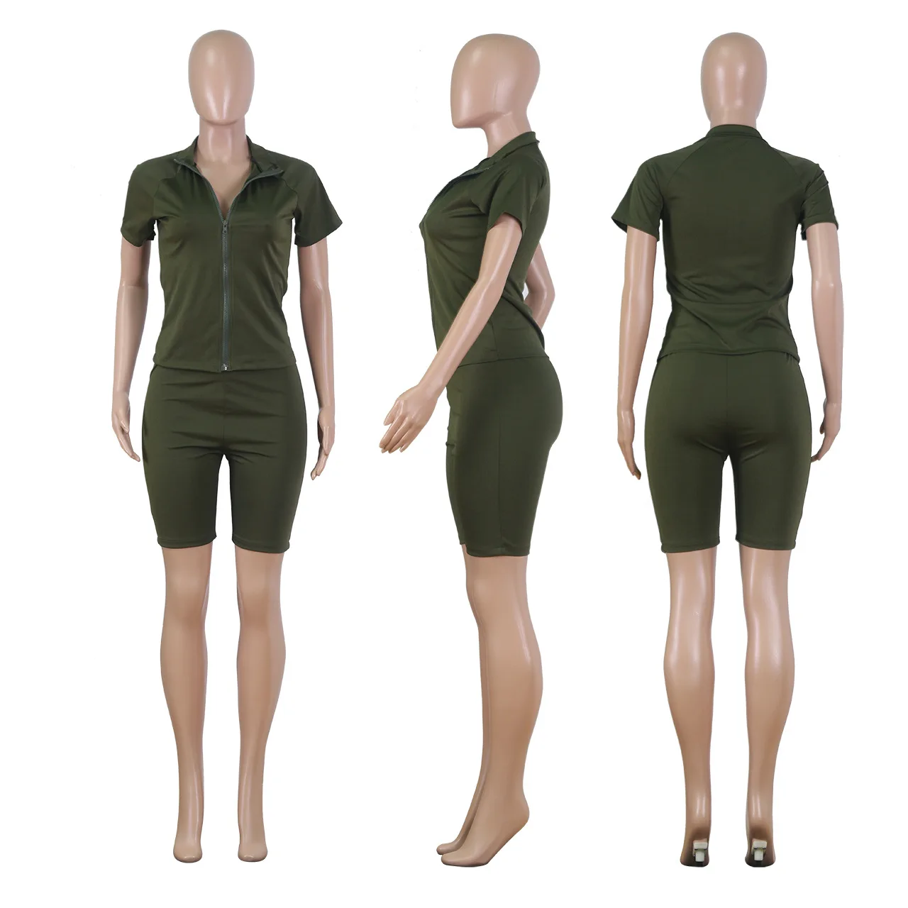 

Cutubly Solid Two Pieces Sets Outfits Tracksuit Zipper Up Women'S Set Short Sleeve Tops and Knee Length Pants Set Suit