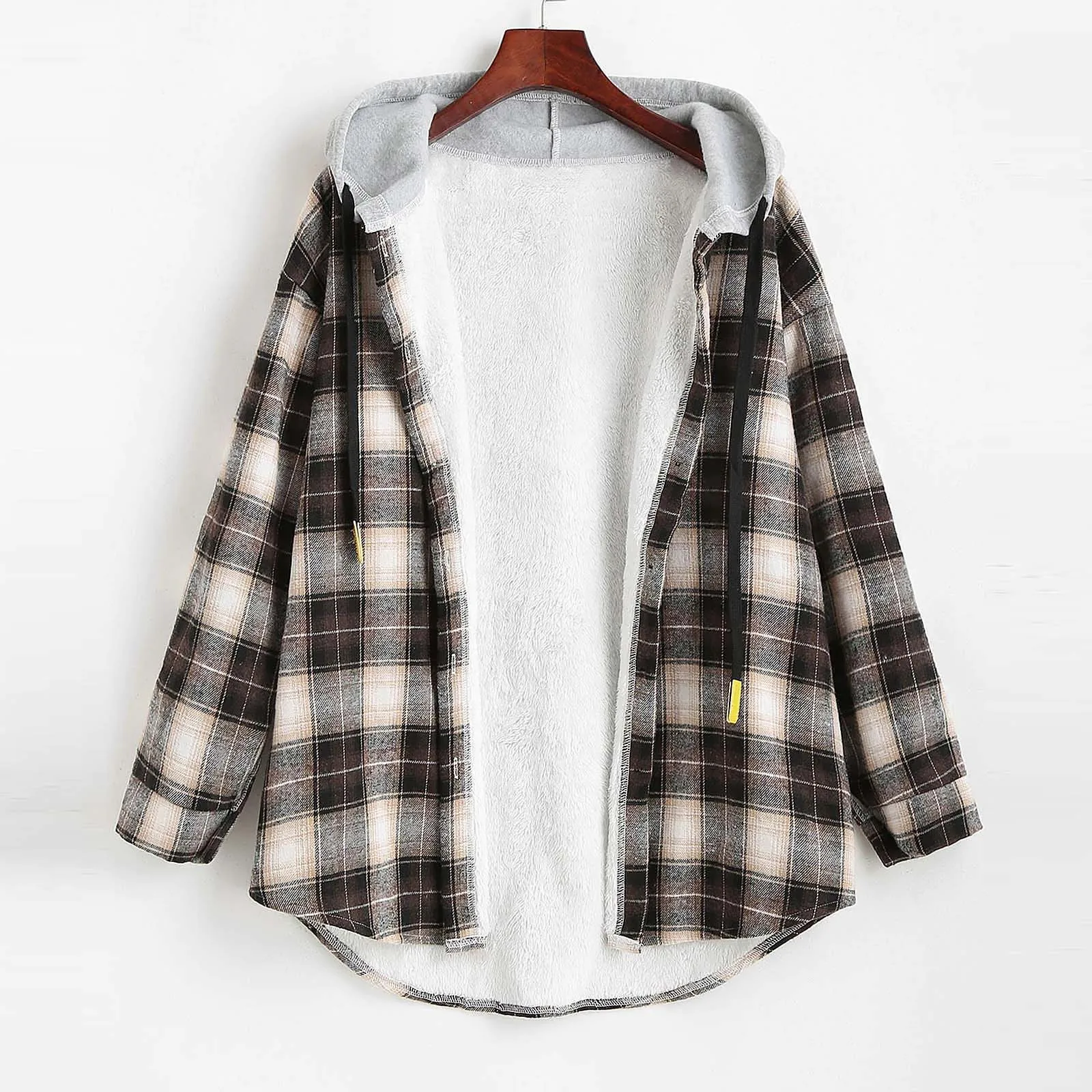 

Coat Women Jacket New Fashion Autumn Casual Plaid Buttoned Curved Hem Hooded Warm Coat Free Ship