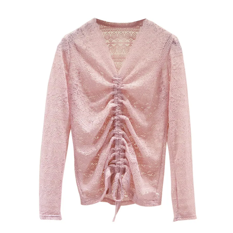 

Girls Lace Shirts Tees Female Hollow Out V-neck Draw String Full Sleeve Elegant Stretchy Blouses Tops For Women GT322