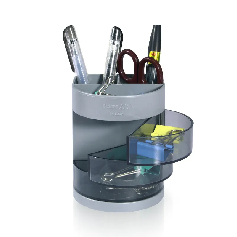 

C2004 plastic pen holder oval three layer transparent round pen holder can be customized logo office supplies