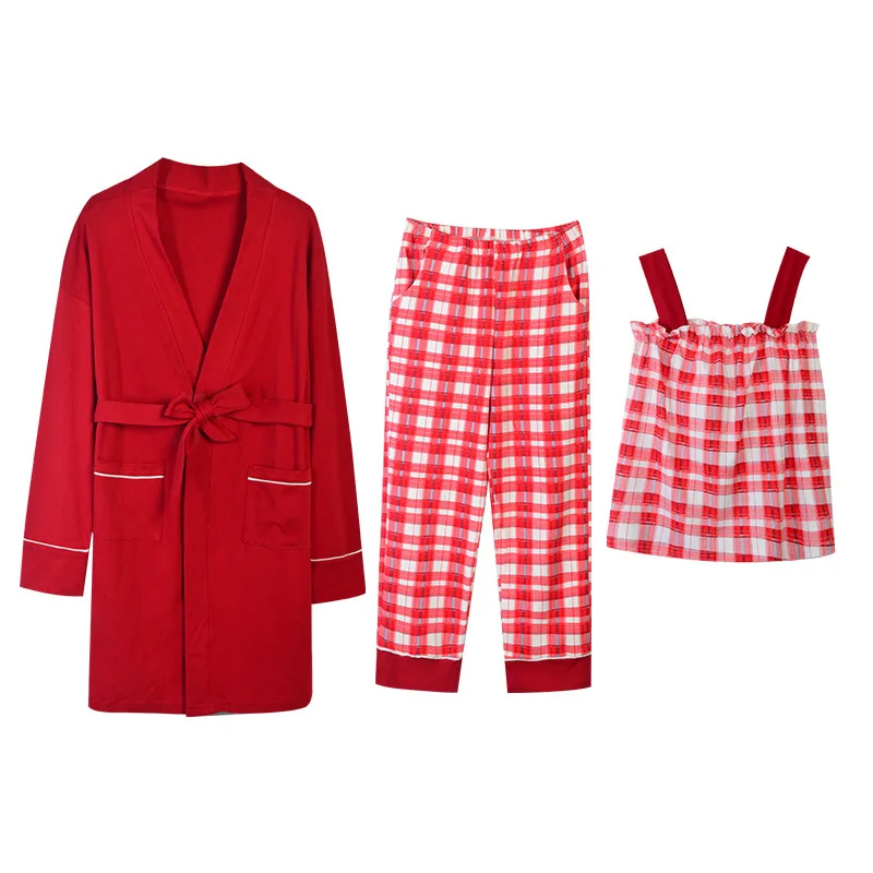 

Pajamas Women's Autumn and Winter Three-Piece Simple Plaid Padded Sling Cotton Plain Nightgown Casual Homewear Set