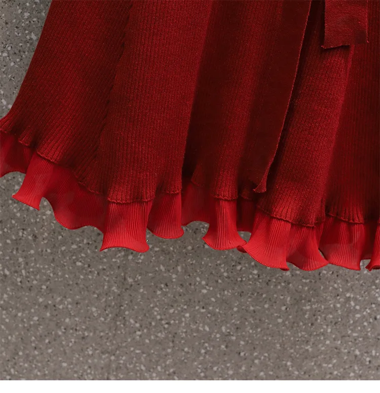 

2021 Elegant Round Neck Long Sleeve Women Ruffle Knitted Dress Autumn Winter A Line Lace-up Long Sweater Dress Plus Size