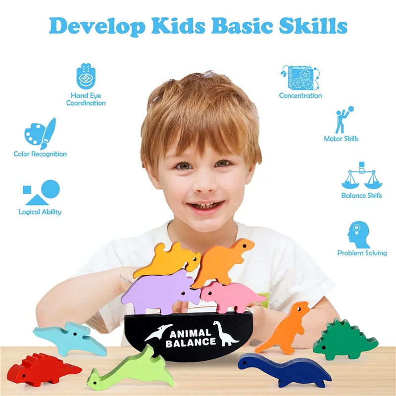 

Детские деревянные блоки Монтессори для балансировки животных Настольные игры динозавры Обучающие штабелируемые высокие строительные бл...