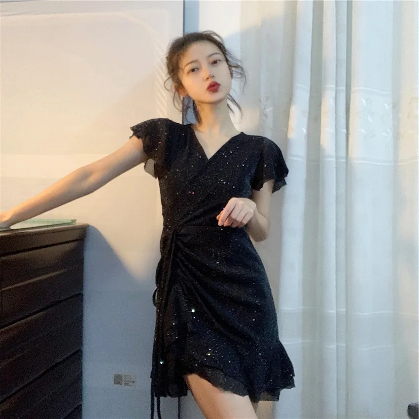 

Sexy Black V-neck Evening Dress Bling Sequins Party Dress Fairy Celebrity Banquet Dress Summer Short Prom Dress Daily Dress