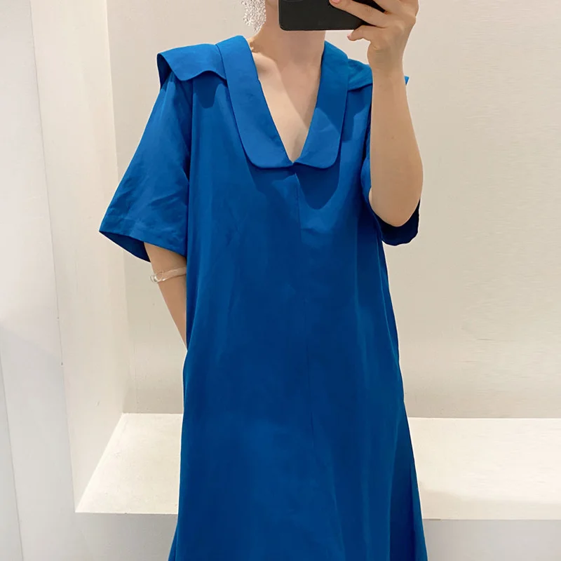 

2021 Summer Dress Korean Chic Dress Minimalist Navy Collar Design Loose Casual Knee Length Short Sleeve Dress Long Skirt Female