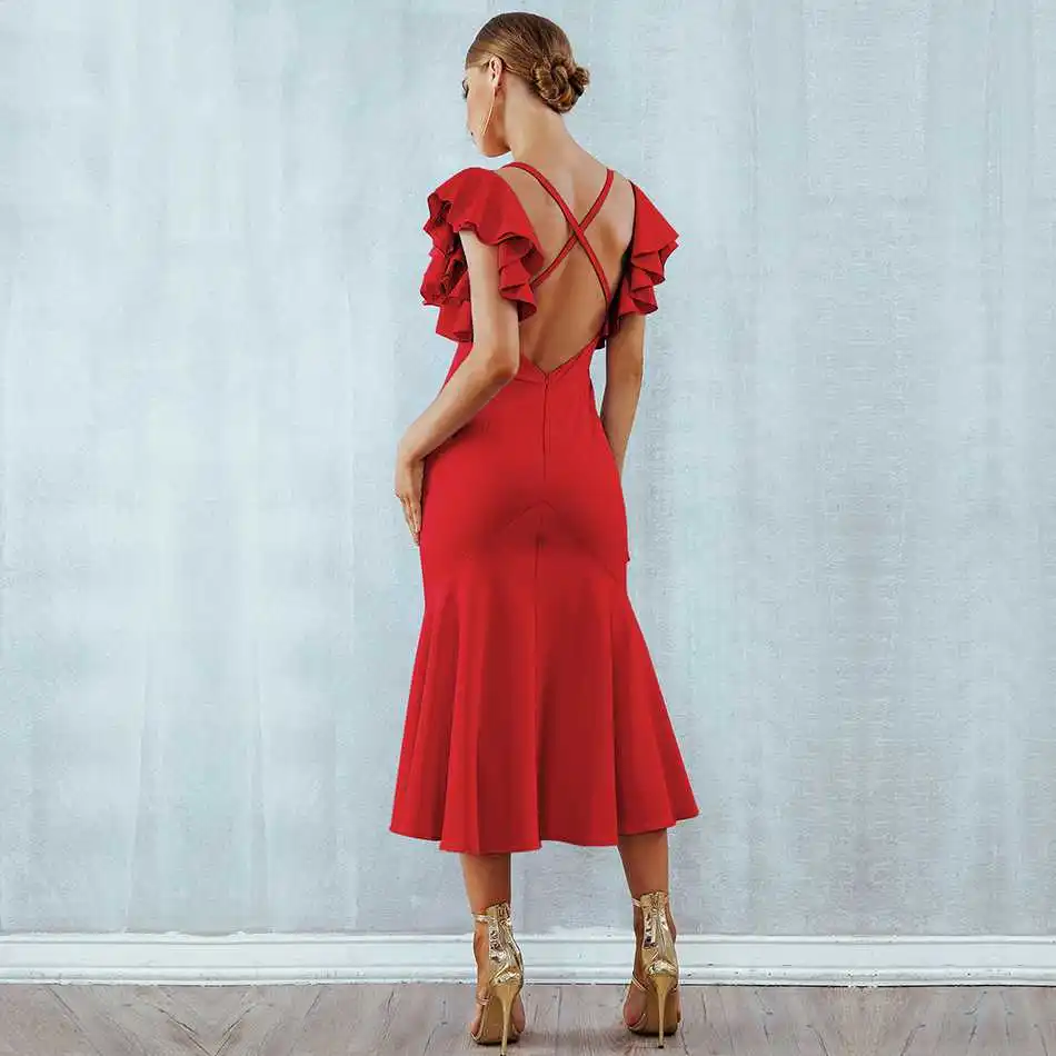 Seamyla новые летние платья Vestidos для женщин Elagant Русалка вечернее платье Сексуальная Открытая спина оборками Bodycon Клубная одежда