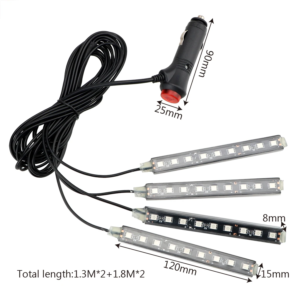 

YOSOLO 9 LEDs 4 In 1 Car Interior Atmosphere Lights Dash Floor Foot Strip Lights Cigarette Lighter Adapter Auto Decorative Lamp
