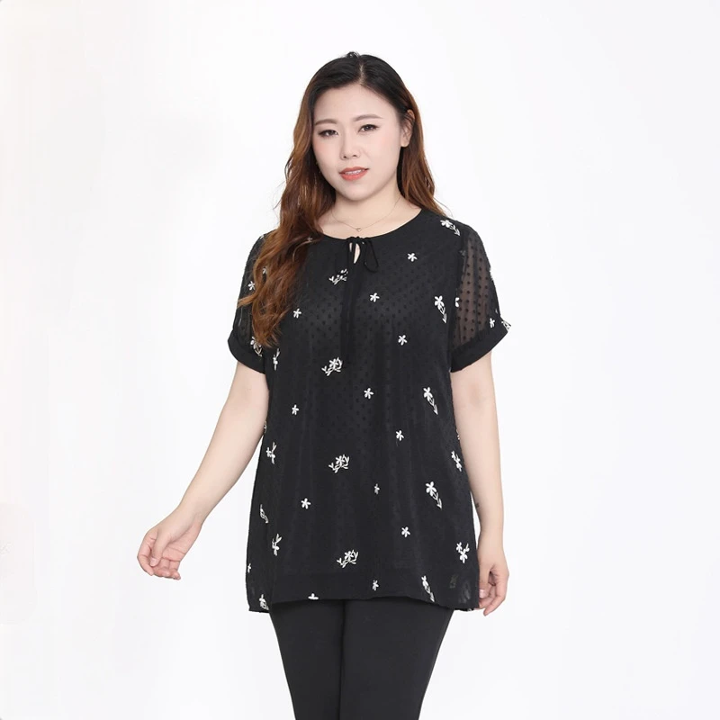 

Блузка женская шифоновая с коротким рукавом, Топ оверсайз с цветочной вышивкой, от 4XL до 10XL, T20052, на лето