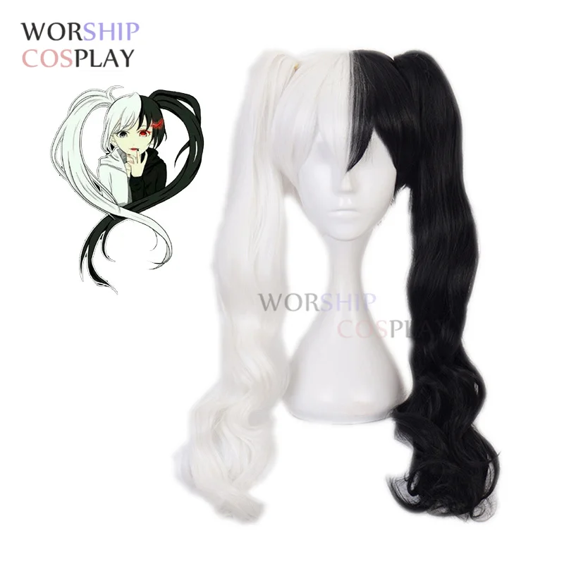 

Danganronpa Monokuma Cosplay Wigs Dangan Ronpa Men Women Long Ponytails Curly Black White Mix Costume Heat Resistant Hair Wigs