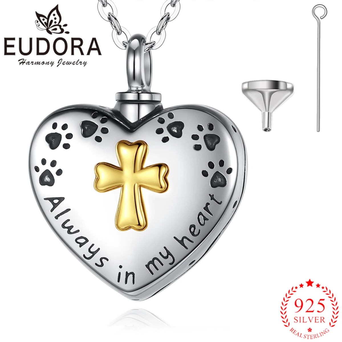 

Eudora 925 Sterling Silver Cat Dog Footprint cross cremation memorial ashes urn heart charm Heart necklace jewelry keepsake G026