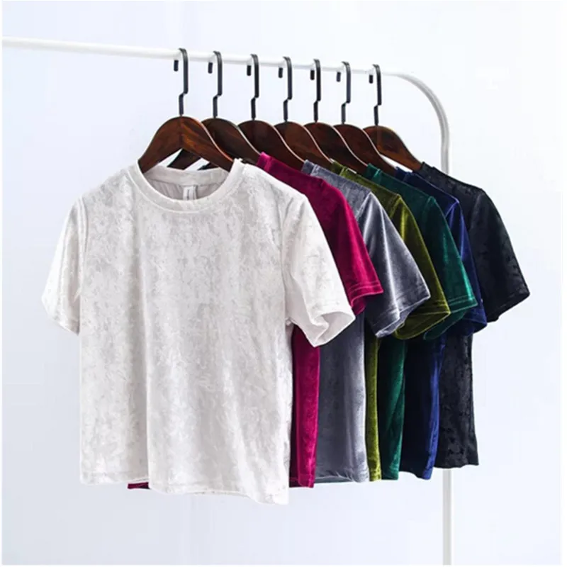 Осенний и зимний бархатный укороченный топ Женская футболка модная с разрезом