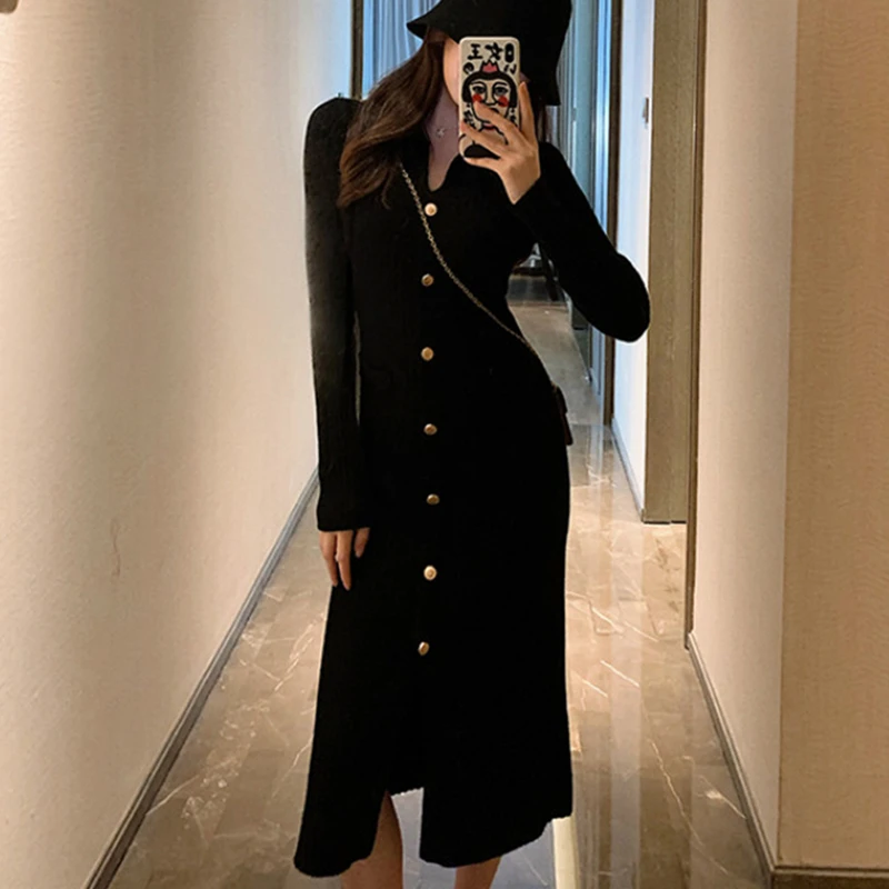 

Winter Personality Female Button 2021 Korean Knitted One-piece Dress Women Casual Long Sleeve Elegant Slim Office Sweater Dress