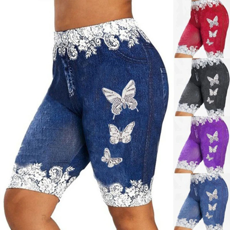 

Plus Size Women Pants Shorts Leggings Summer Fake Denim Ladies Short Pants Summer Floral Printed High Waist Female Shorts D30