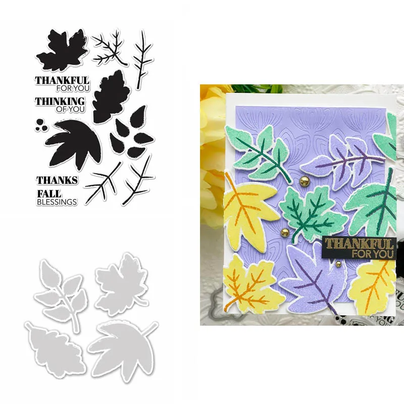 

2pcs/lot Painted Leaves Stamps and Dies Fall Belssings Sentiments Clear Stamps for DIY Scrapbooking Decorative Crafts Die Cuts