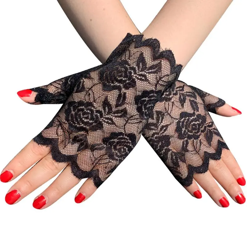 

Women Summer Hollow Out Floral Lace Fingerless Gloves UV Sun Protection Driving Wedding Bridal Short Half Finger Mittens