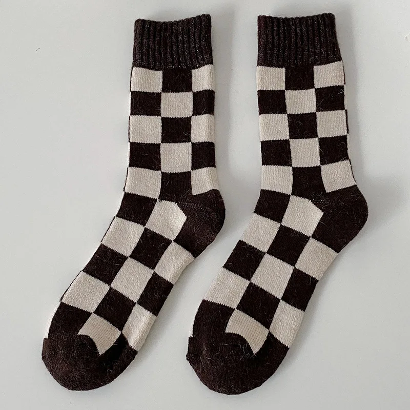 Witner Thick Warm Wool Women Middle Tube Checkerboard Socks Fashion Towel Funny Sock Harajuku Geometric Checkered | Женская одежда