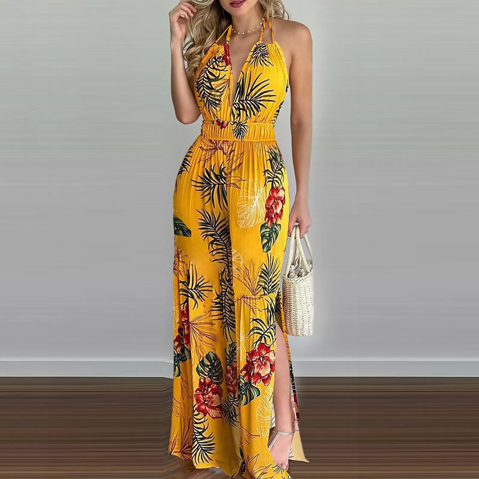 

hirigin Women Floral Print Sleeveless V-neck Halter Backless Slit WideLeg Jumpsuit Streetwear Summer Boho Long Playsuit Overalls