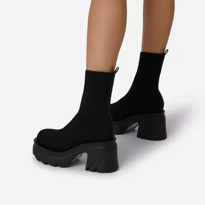 

2022 Knitting Martin Boots Women Chunky High Heels Platform Ankle Boots Plus Size 43 Autumn Fly Weave Short Boots Botas De Mujer