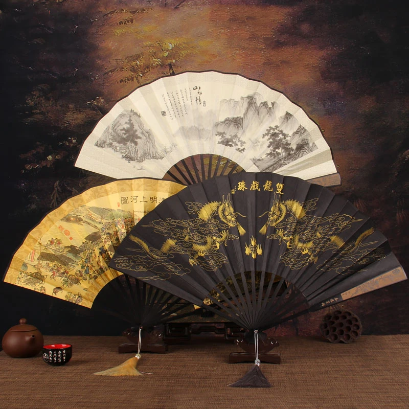

Retro style men's big folding fan with fan tassel Portable daily decorative hand fan Laser engraving fan bone Durable hand fan