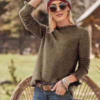 womens solid color ruffled sweater 2021 autumn winter floral round neck loose long sleeved slim top basic all match sweaters