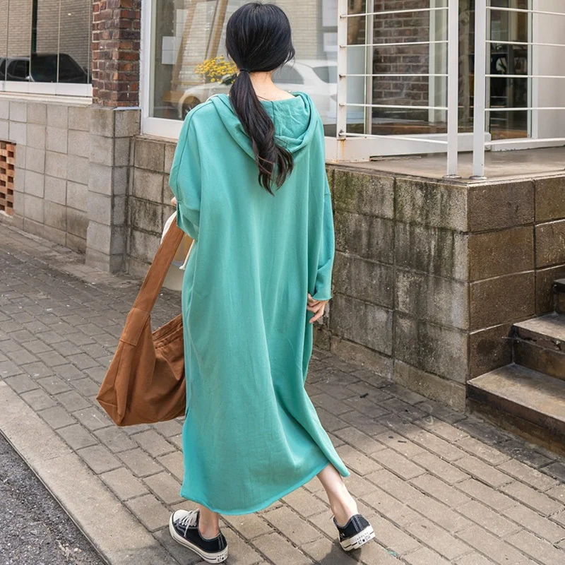 

TVVOVVIN Korean Spring New Hooded Solid Color Dress Fashion Casual Women's Simple Knee Length Loose Dress CAW6