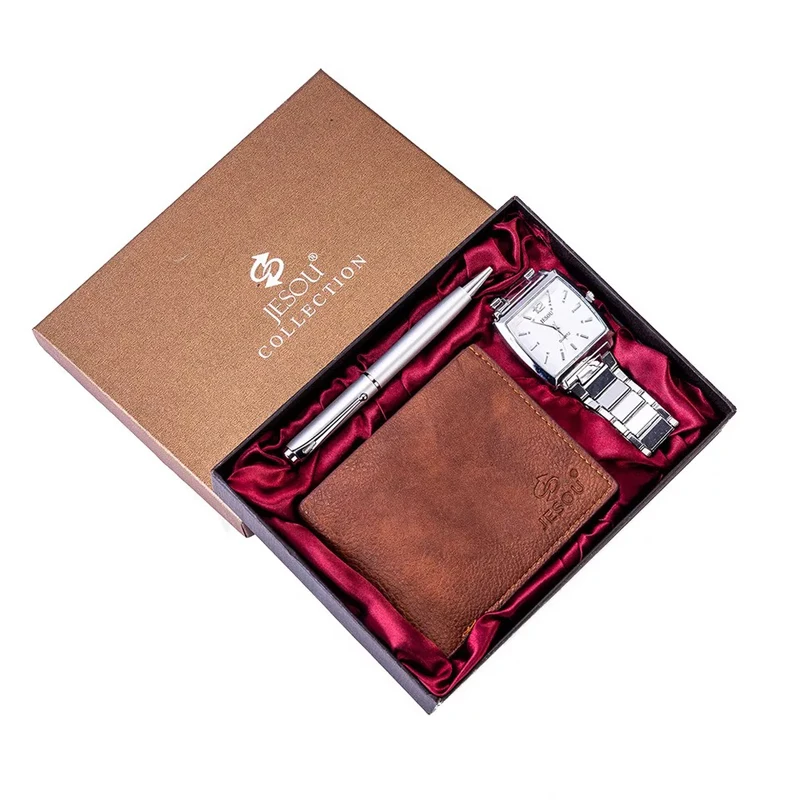 Модные мужские часы подарочный набор Стальные наручные складной кожаный кошелек