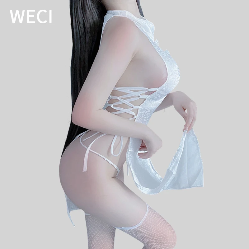 Сексуальное платье Ципао WECI нижнее белье эротические женские шелковые халаты с