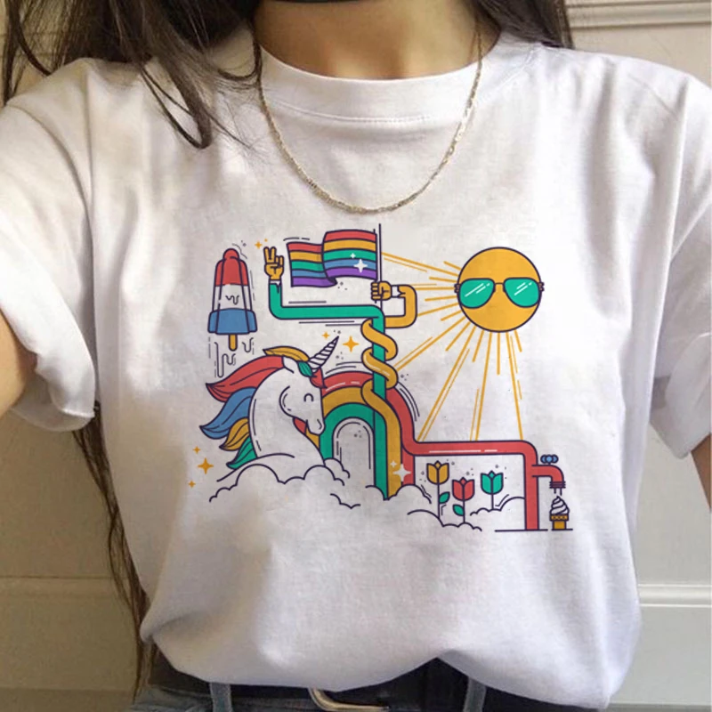 Единорог Kawaii Harajuku футболки женские милые Unicornio Ullzang мультфильм футболка 90s Забавный принт футболки с графическим изображением женские - Цвет: 7548