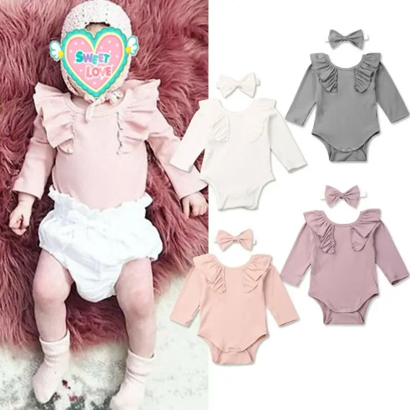2019 Baby Spring Autumn Clothing Newborn Girl Clothes Set Ruffle Solid Ribbed Bodysuits Long Sleeve Jumpsuit +Headband 2PCS | Мать и
