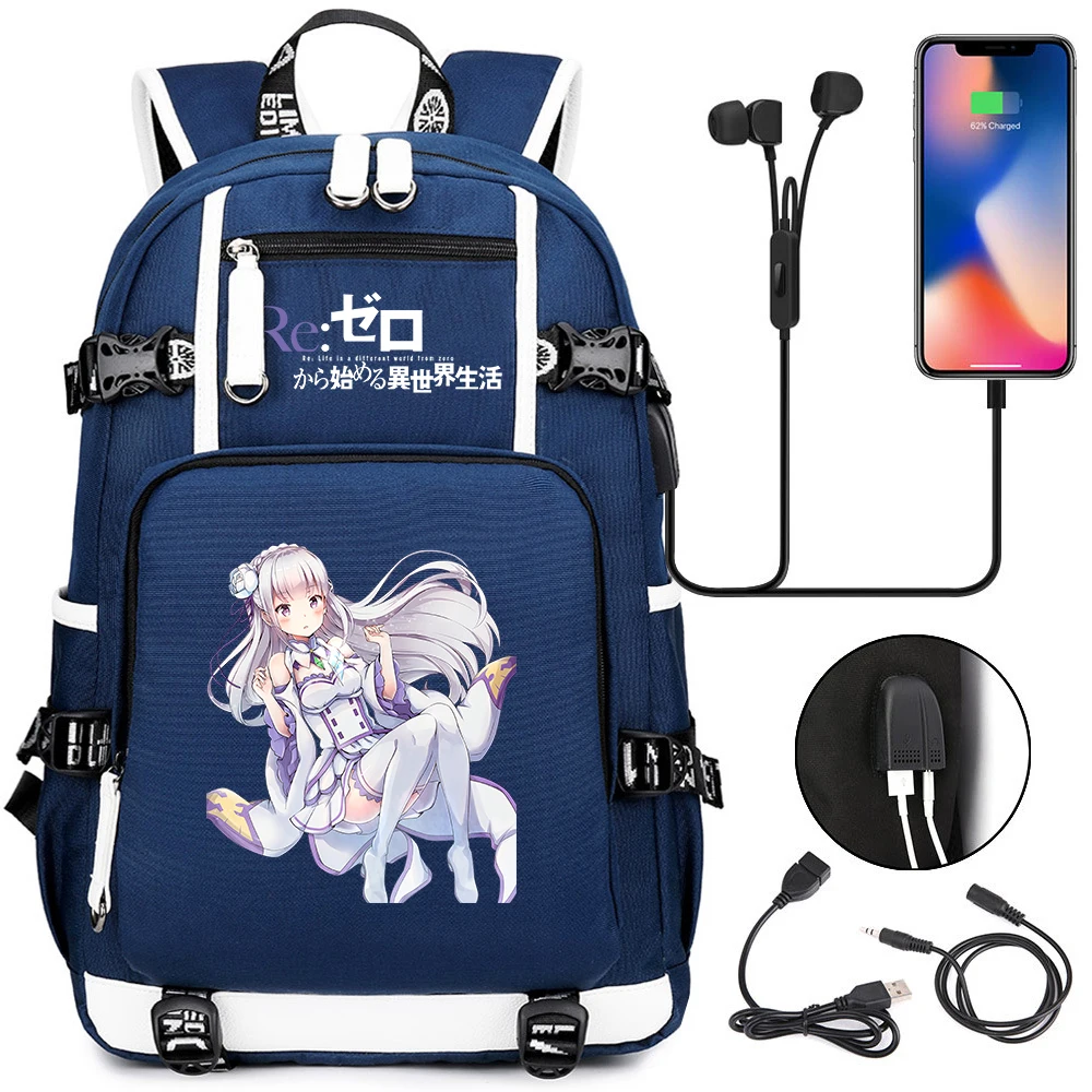 

Anime Re:Life in a different world from zero Backpack USB Charging Casual Teenager Laptop Bag Student Zip Cartoon Schoolbag