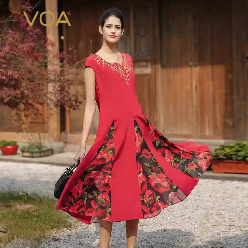 VOA 2018 Spring Summer New Vintage Chinese Style Embroidery Print Slim Dress Red Heavy Silk Plus Size Women Midi A7578 | Женская одежда