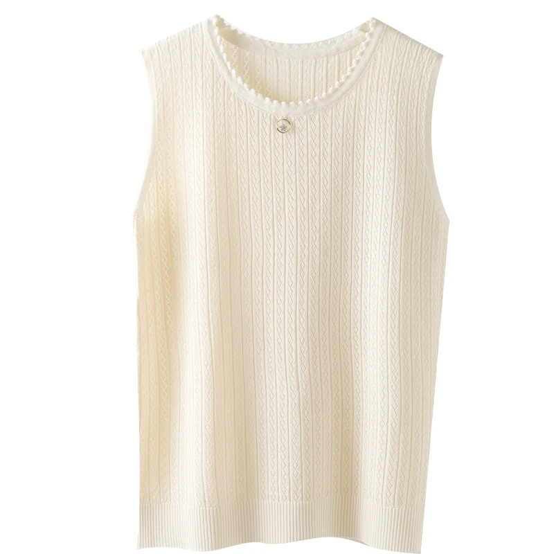 

Solid Knitted Women Tank Tops Summer New O-Neck Sleeveless Ruffles Hollow Out Elegant Office Lady Pulls Tops Tees