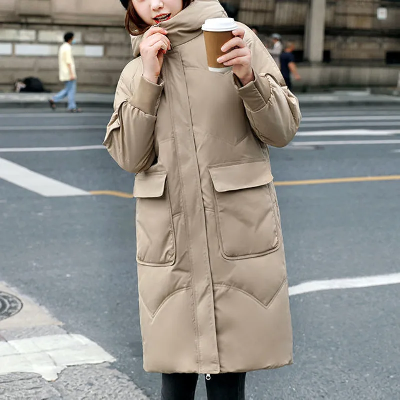 

Женский длинный пуховик на белом утином пуху, модный простой пуховик с капюшоном в Корейском стиле, теплое пальто, новинка зимы 2021