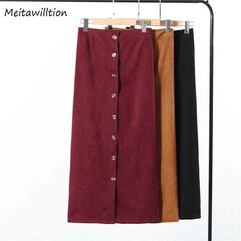 Женская Вельветовая юбка с пуговицами Повседневная Длинная трапециевидной