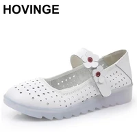 hovingehigh quality soft cowhide flowers white shoes hollow sandals nurse flats women leather shoes soft wear non slip large siz