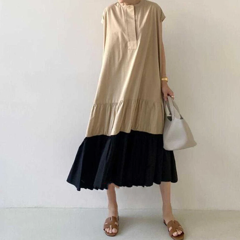 

Minimalist Dress Women Summer 2021 New Round Neck Loose Contrast Color Patchwork Pleated Sleeveless Mid-calf Dresses