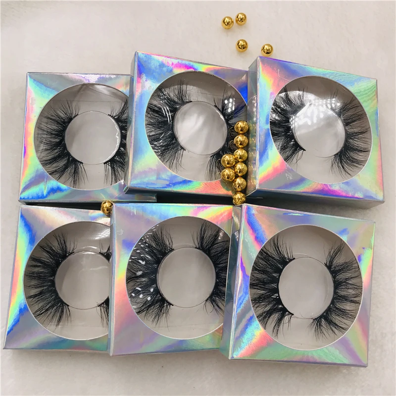 2021 New Arrivals Holographic Square Paper Lashes Box Dramatic Fluffy 25mm Mink Eyelashes