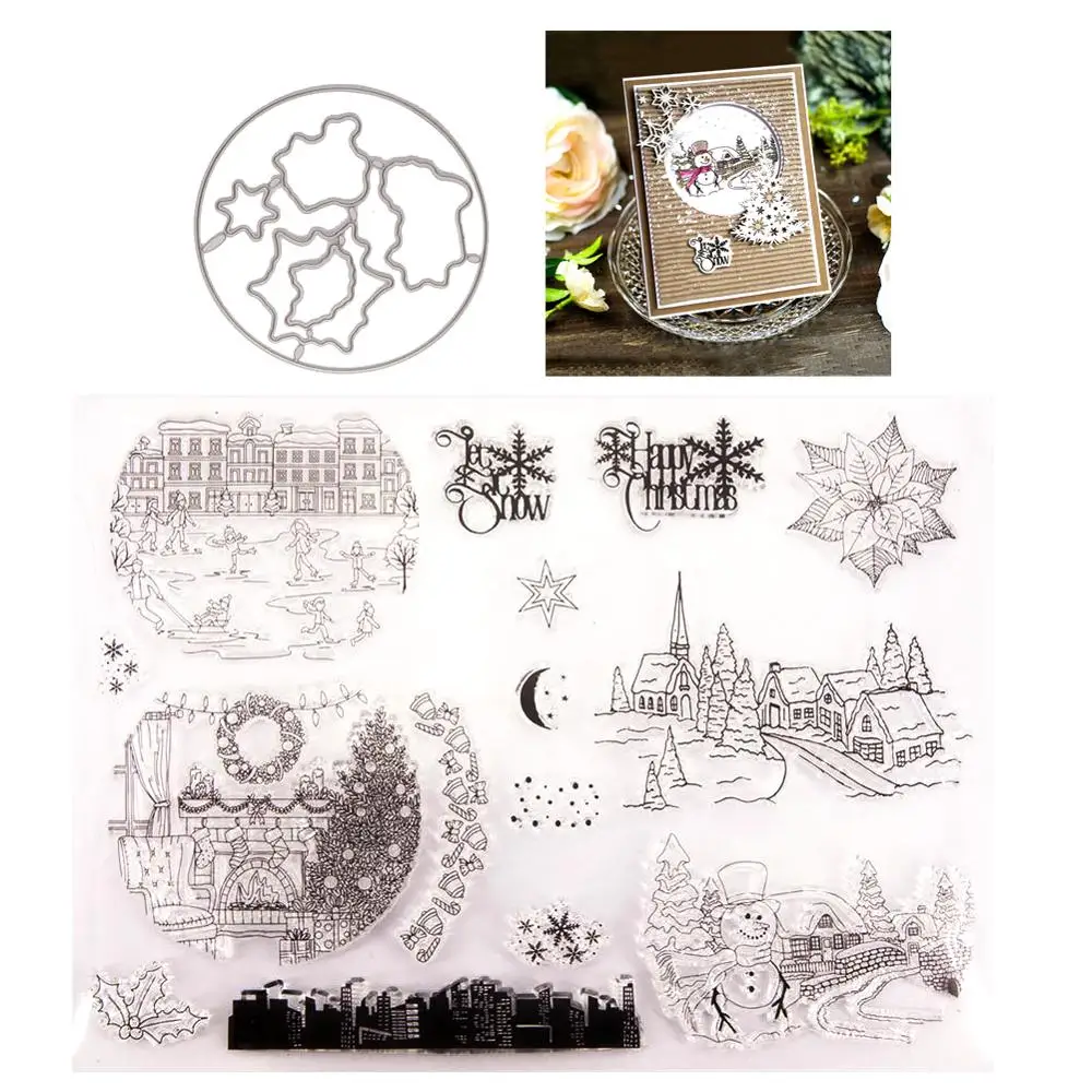 

Christmas Stamps and Die Winter Snow Scenes Clear Stamp with Metal Cutting Dies for DIY Scrapbooking Paper Card Making