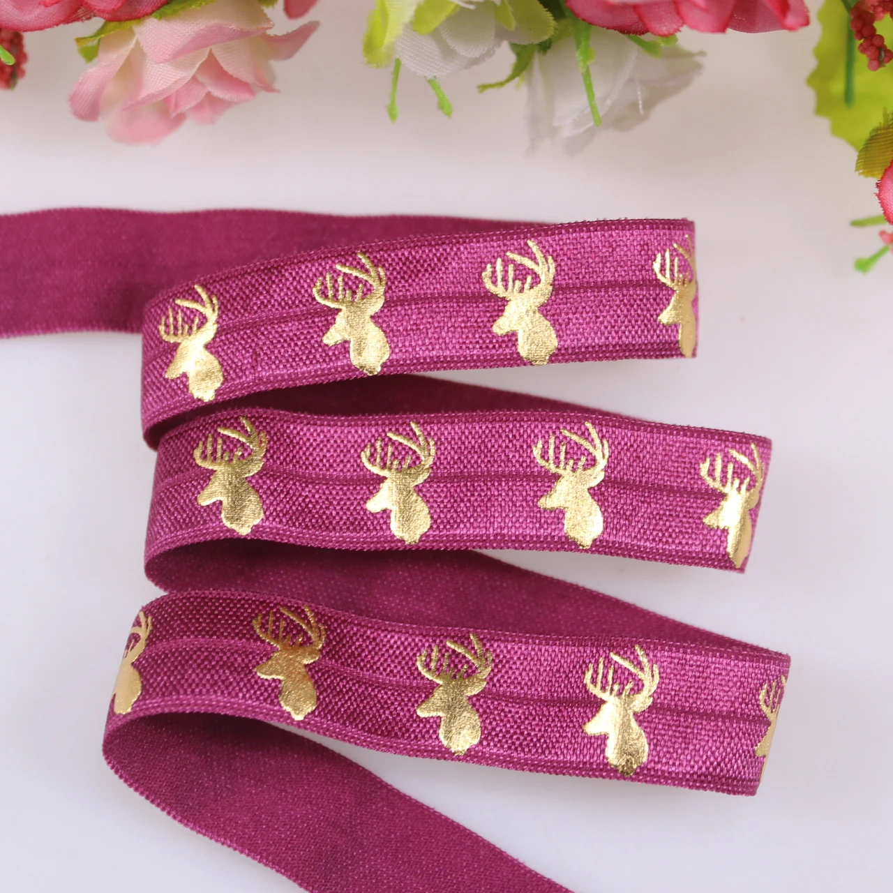 

New Design 5/8" Gold Foil Christmas Reindeer Head Printed 275 Wine FOE Fold Over Elastic Ribbon 50Yards