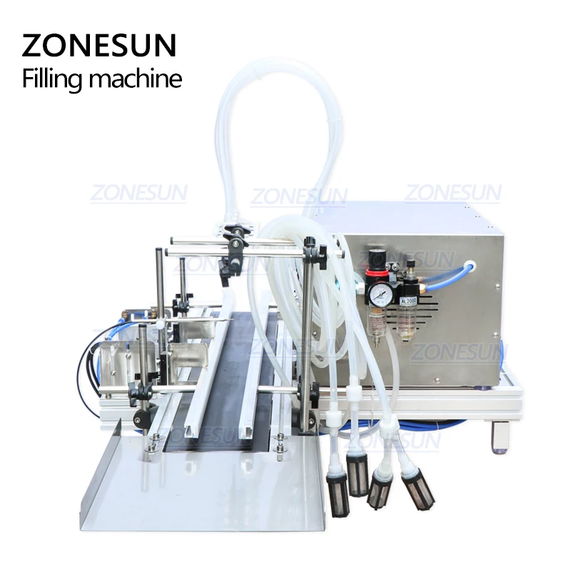 

ZONESUN 4 Nozzles Magnetic Pump Automatic Desktop CNC Liquid Water Filler With Conveyor For Perfume Alcohol Hydrogen Peroxide