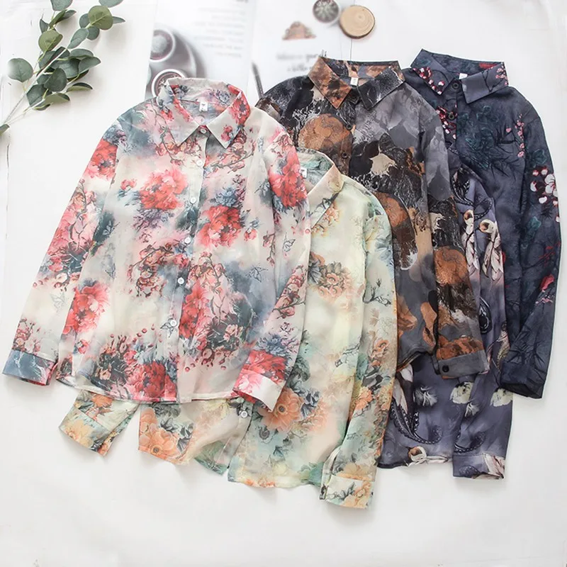 

Women's Floral Printing Shirts Autumn Fall Clothing Loose Leisure Sunscreen Long Sleeve Blouse 1