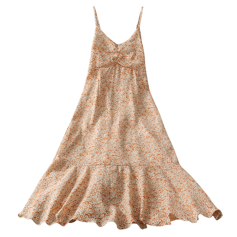 

2021 New Vintage Floral Fresh Pleated Chiffon Dress for Women Summer Back Shaping Mid-Length Sling Dress